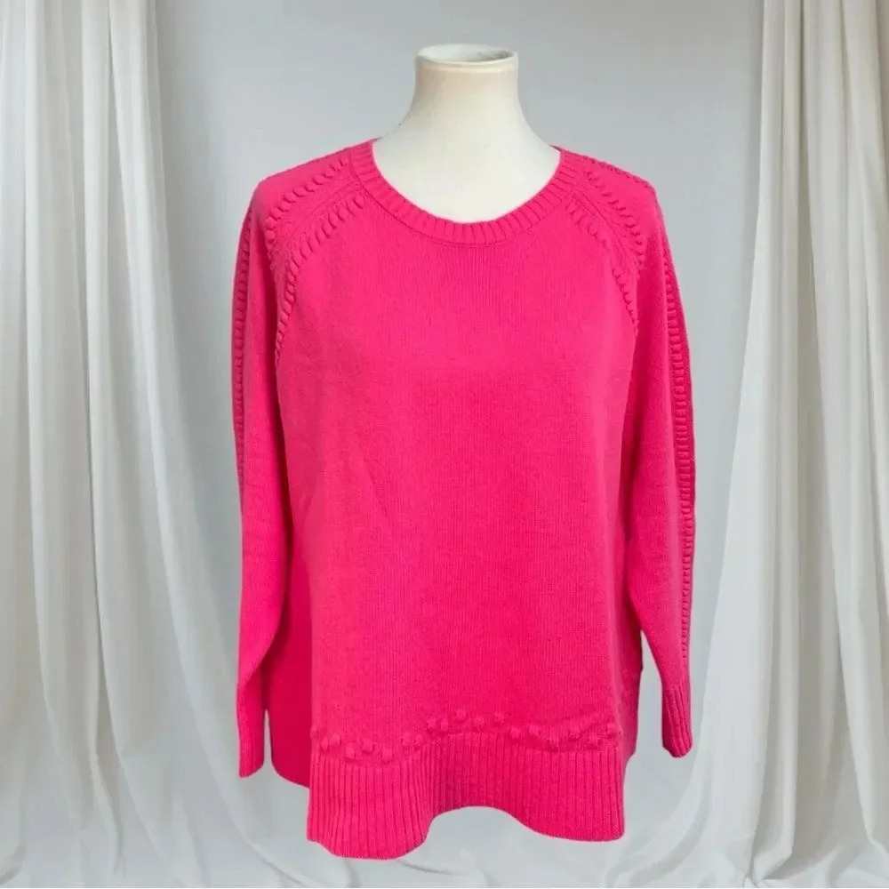 Sail to Sable crewneck sweater, hot pink pompoms pullover cashmere wool blend